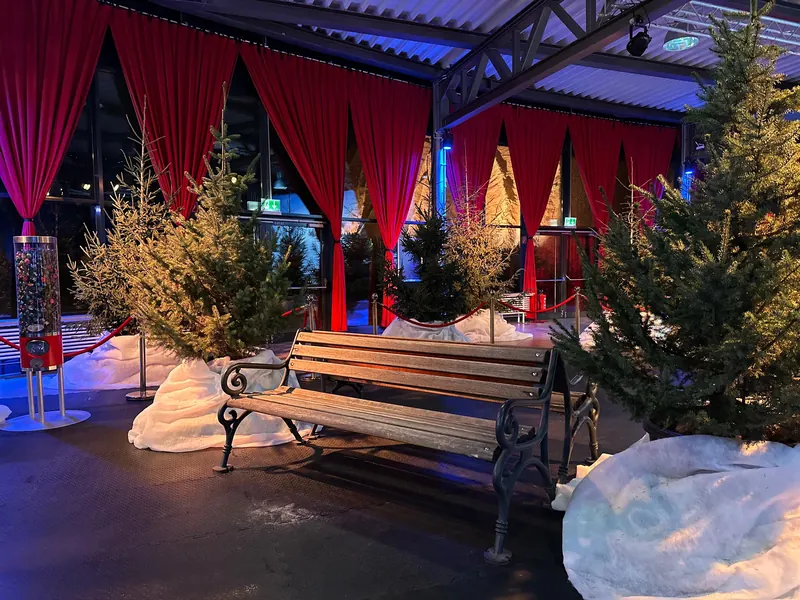 Winter-decorated foyer of Metropolis Halle with fir trees and a park bench